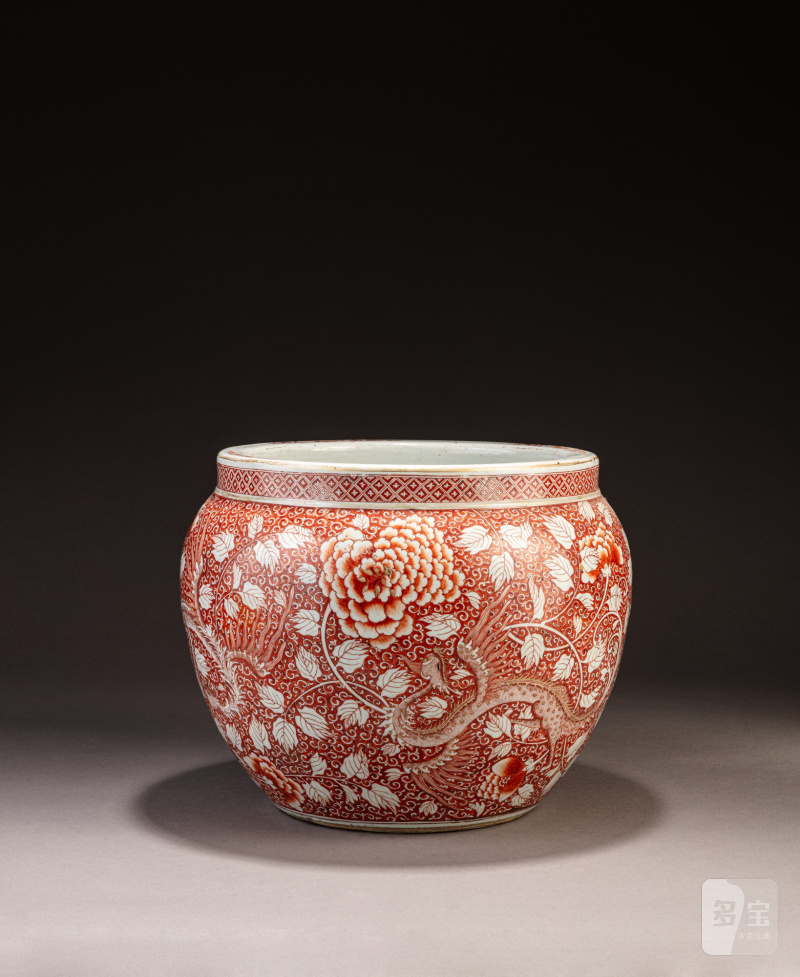 清十八/十九世紀 礬紅彩描金穿花鳳紋缸 - 图2